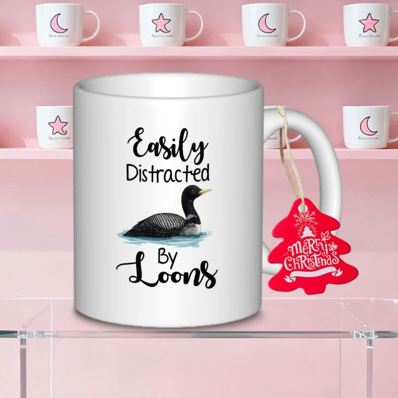 Tailorly White Ceramic 11 oz Mug - Easily Distracted By Loons Graceful Bird Resting Peacefully On Calm Rippling Blue Lake Surface Loon