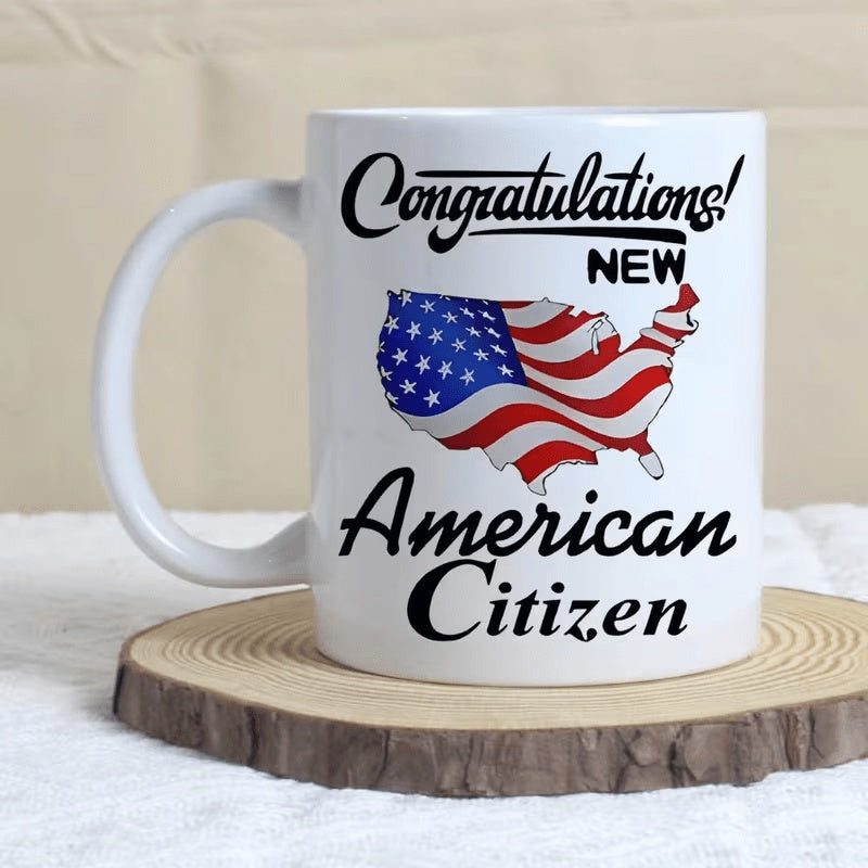 Tailorly White Ceramic 11 oz Mug - Congratulations New American Citizen United States Geographic Border Featuring Waving Stripes And Stars Graphic Map