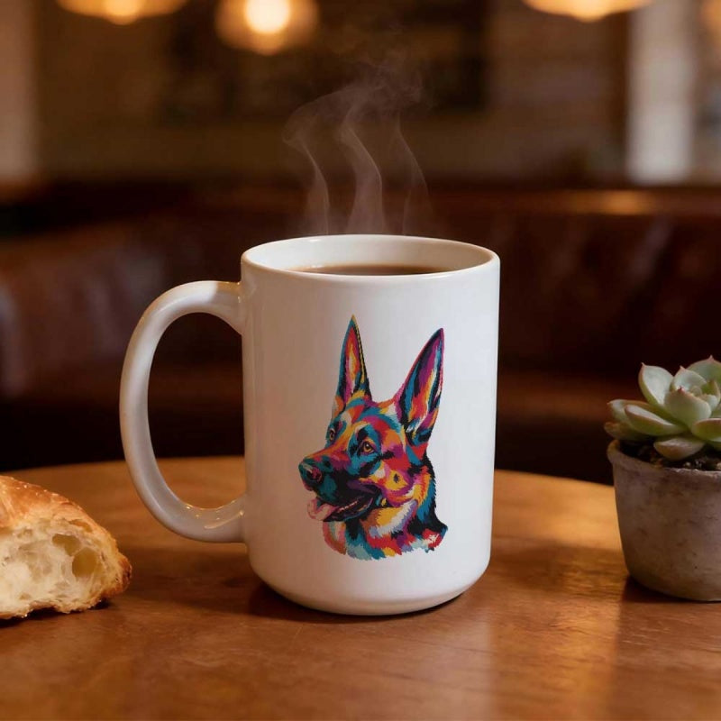 Tailorly White Ceramic 11 oz Mug - Vibrant Colorful Artistic Pop Art Style Portrait Of A German Shepherd Dog