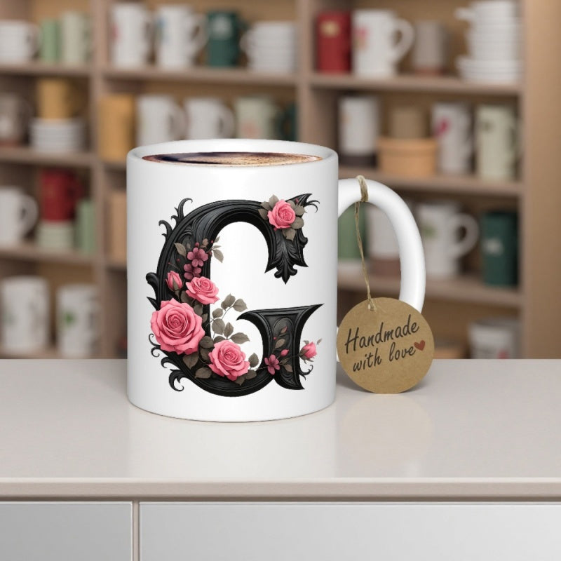 Tailorly White Ceramic 11 oz Mug - Handmade With Love Ornate Black Lettering Adorned With Elegant Pink Floral Botanical Garden Letter