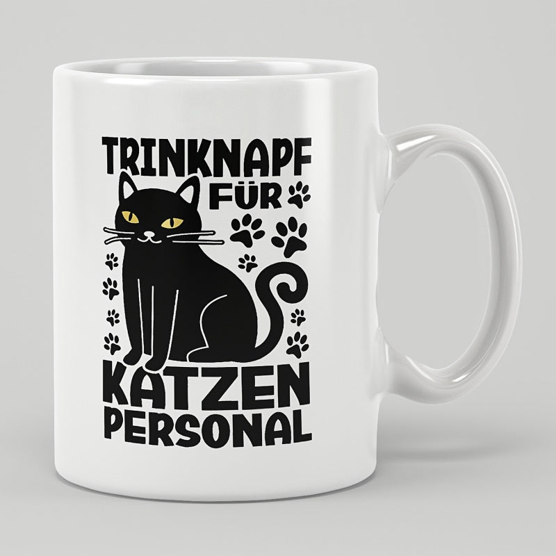 Tailorly White Ceramic 11 oz Mug - Sleek Black Silhouette Sitting Among Tiny Little Playful Paw Prints Cat