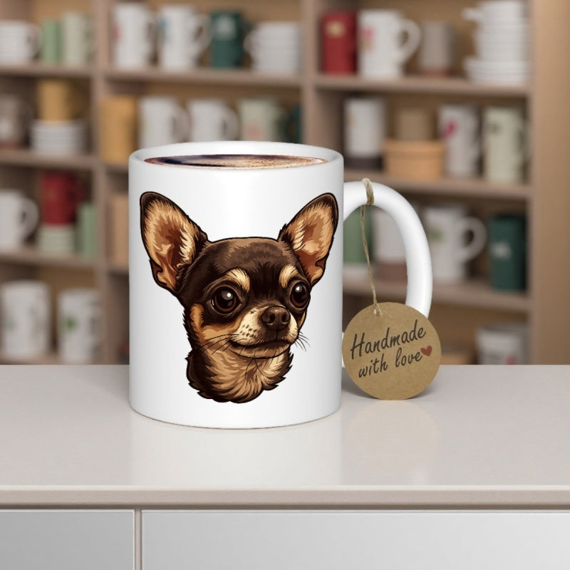 Tailorly White Ceramic 11 oz Mug - Realistic Brown Head With Large Ears And Deep Curious Eyes Chihuahua
