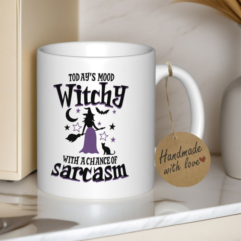 Tailorly White Ceramic 11 oz Mug - Todays Mood Witchy With A Chance Of Sarcasm Mystical Silhouette Standing Under Moonlit Night With Stars And Cat Witch