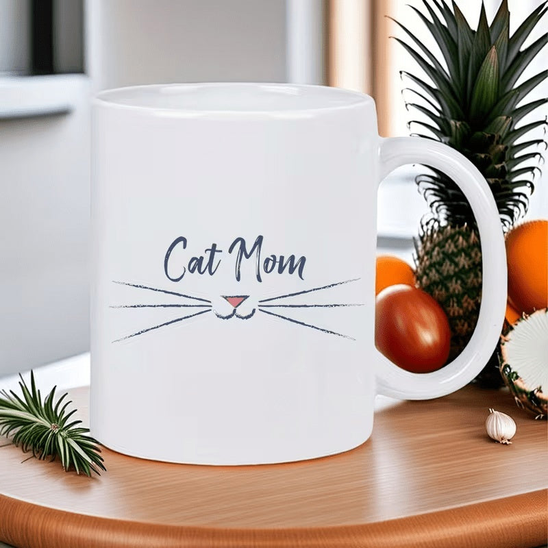 Tailorly White Ceramic 11 oz Mug - Cat Mom Simple Minimalist Style With Elegant Black Whiskers And Cute Pink Nose Cat