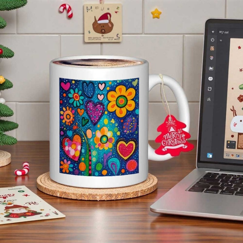 Tailorly White Ceramic 11 oz Mug - Vibrant Whimsical Folk Art Pattern Featuring Colorful Flowers And Hearts Ceramic Mug