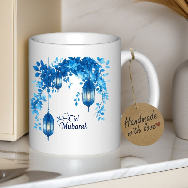 Tailorly White Ceramic 11 oz Mug - Eid Mubarak Decorative Blue Watercolor Floral Arch With Glowing Hanging Lantern