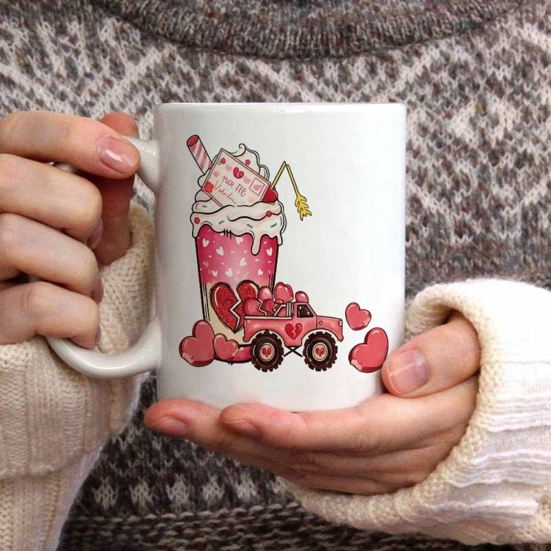 Tailorly White Ceramic 11 oz Mug - Sweet Pink Valentine Milkshake Decorated With Small Hearts And Cute Pickup Truck