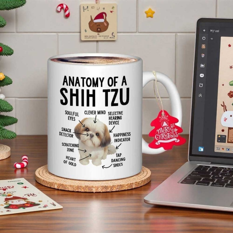 Tailorly White Ceramic 11 oz Mug - Anatomy Of A Shih Tzu Adorable Little Dog With Fluffy Fur And Instructional Anatomical Labels Shih Tzu
