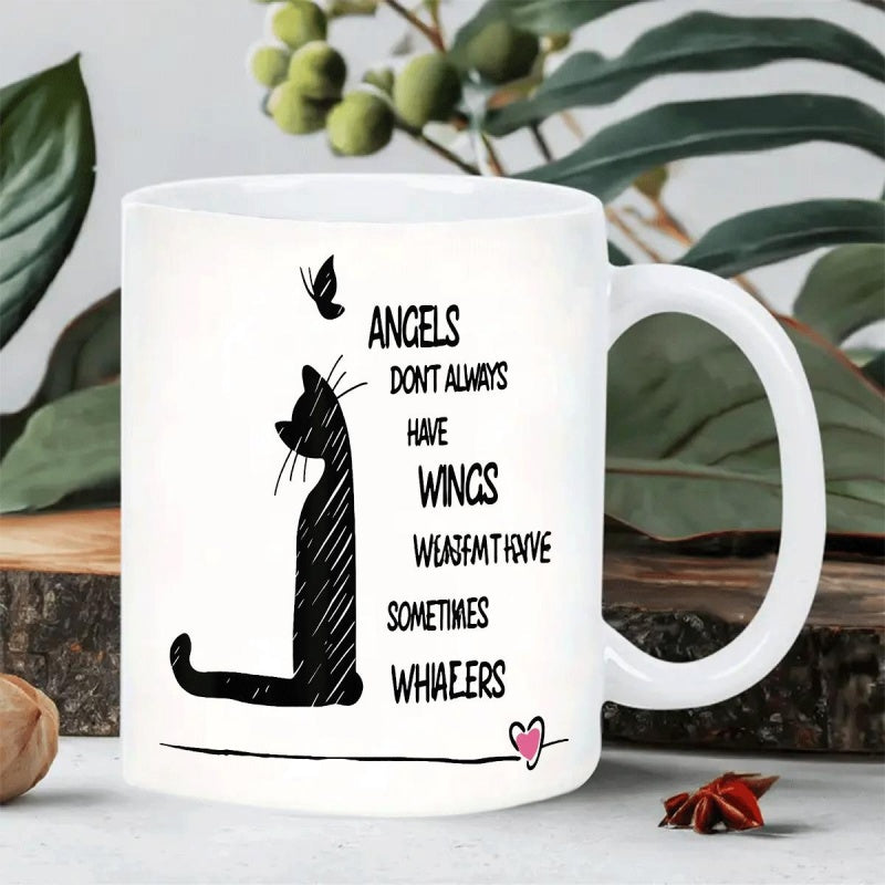 Tailorly White Ceramic 11 oz Mug - Angels Dont Always Have Wings Sometimes Whiskers Minimalist Black Cat Silhouette Watching A Fluttering Butterfly With Small Pink