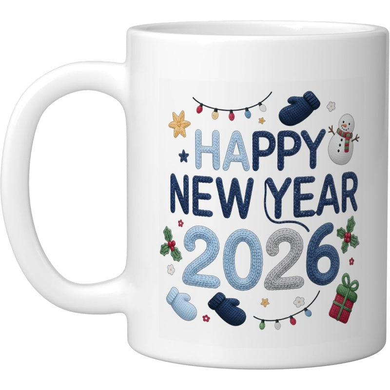 Tailorly White Ceramic 11 oz Mug - Happy New Year 2026 Festive Winter Ornaments With Cozy Mittens And A Smiling Snowman