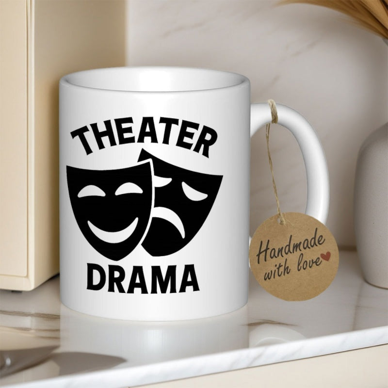 Tailorly White Ceramic 11 oz Mug - Theater Drama Classic Comedy And Tragedy Theatrical Symbols Expressing Emotional Performance Art Mask