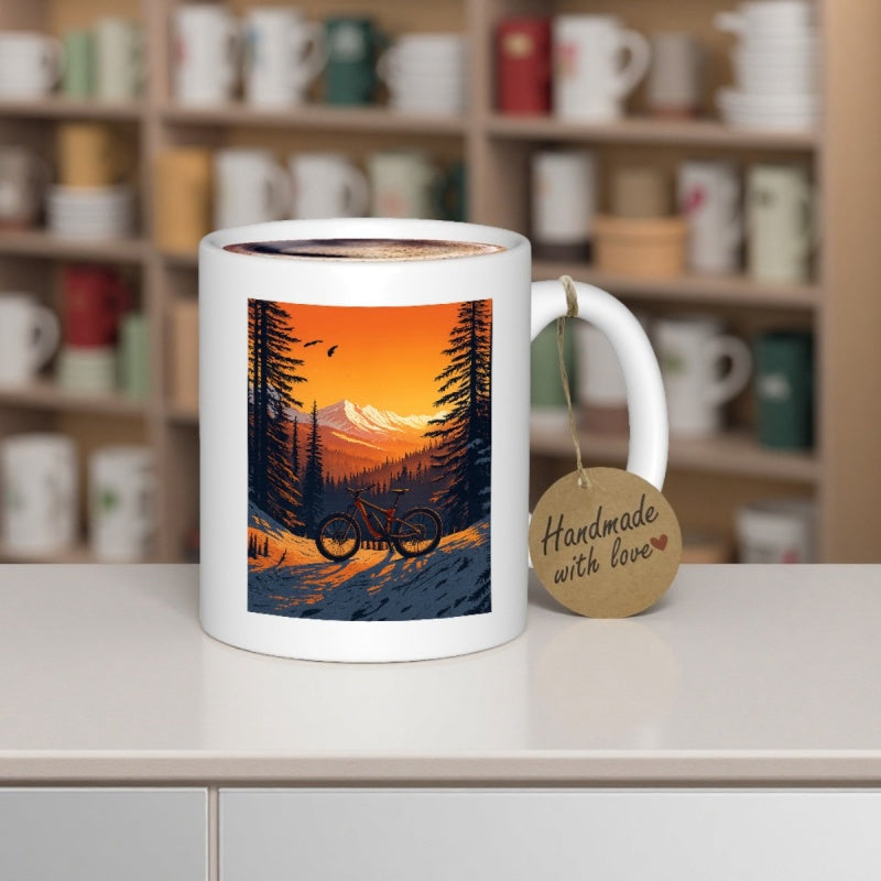 Tailorly White Ceramic 11 oz Mug - Majestic Mountain Peaks Under A Glowing Sunset With Tall Pine Trees Bicycle