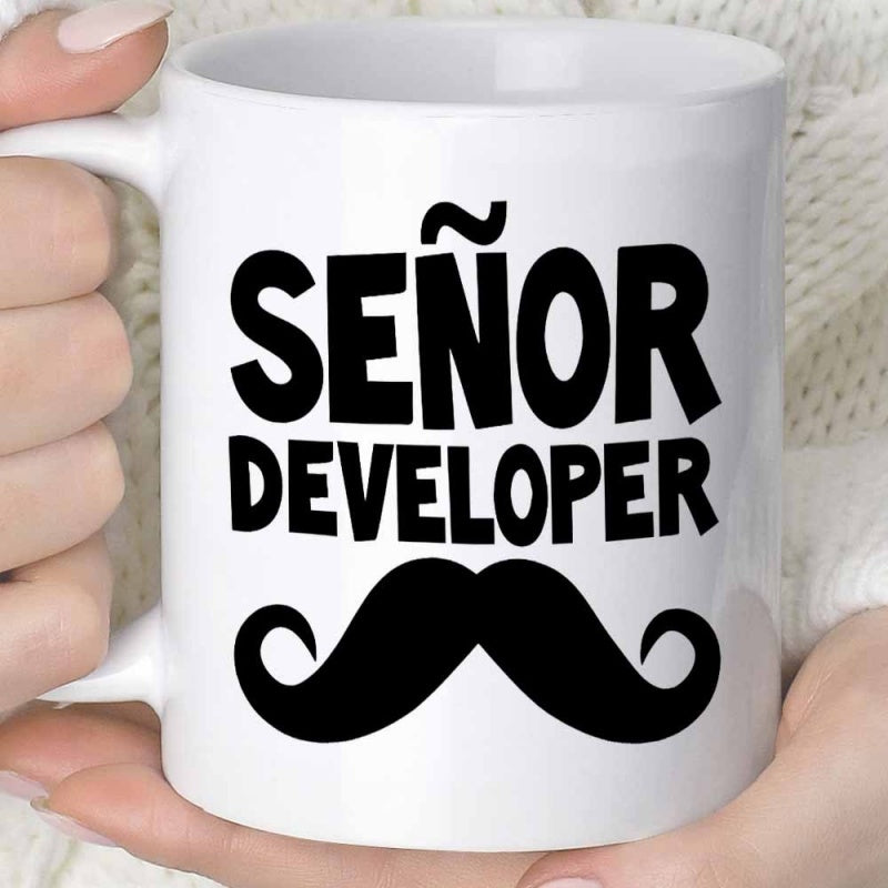 Tailorly White Ceramic 11 oz Mug - Senor Developer Bold Black Handlebar Style With Curled Ends And Humorous Text Mustache