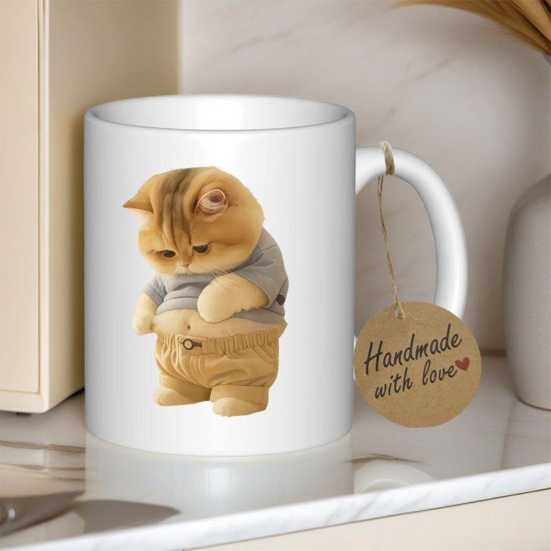 Tailorly White Ceramic 11 oz Mug - Handmade With Love Adorable Chubby Orange Cat Wearing Clothes Looking At Its Tummy Cat