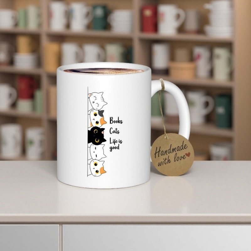Tailorly White Ceramic 11 oz Mug - Books Cats Life Is Good Minimalist Cartoon Cats Peeking Behind Vertical Line Under Soft Ambient Light Cat