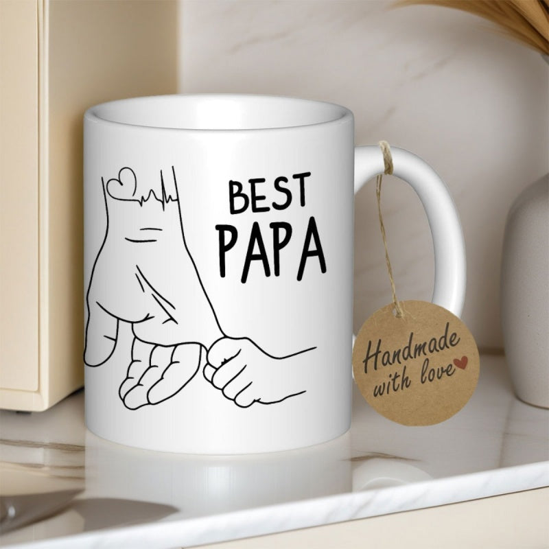 Tailorly White Ceramic 11 oz Mug - Best Papa Minimalist Line Art Depicting A Small Child Holding An Adult Hand
