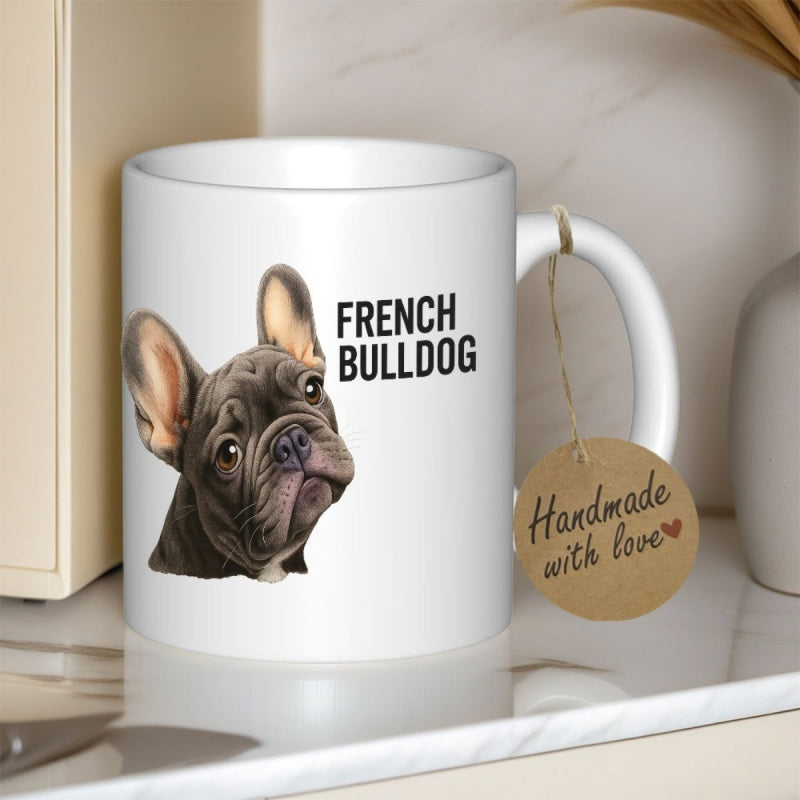 Tailorly White Ceramic 11 oz Mug - French Bulldog Realistic Animal Portrait With Pointed Ears And Attentive Eyes Bulldog
