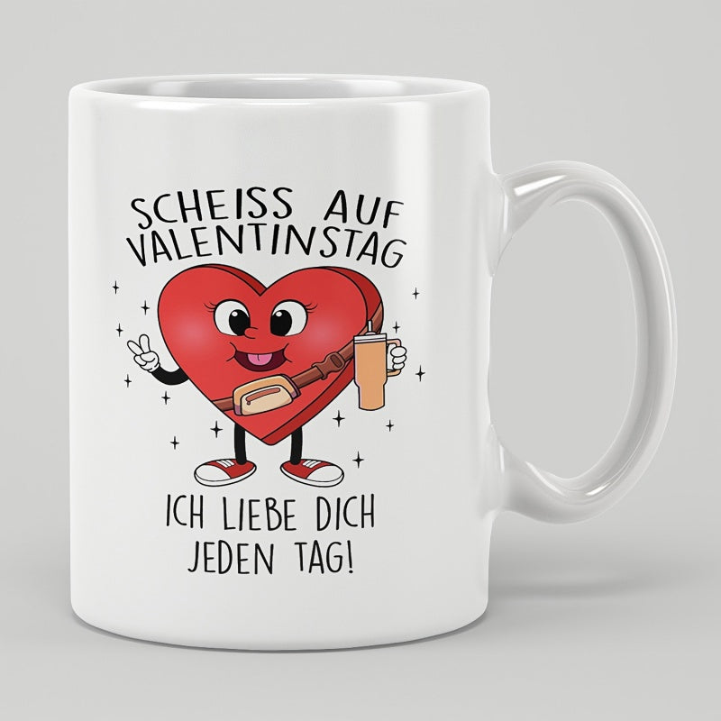 Tailorly White Ceramic 11 oz Mug - Smiling Animated Red Cartoon Character Wearing Crossbody Bag Holding Drink Heart