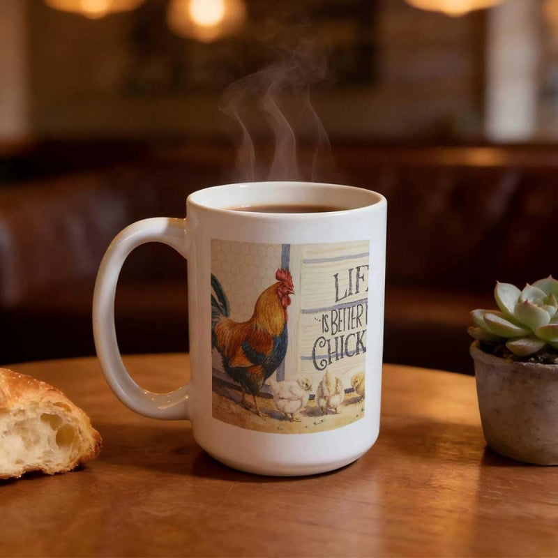 Tailorly White Ceramic 11 oz Mug - Life Is Better With Chickens Vintage Farmhouse Style Featuring Colorful Small Yellow Baby Rooster