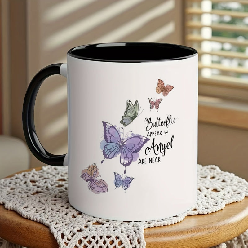 Tailorly Black Accent 11 oz Mug - butterflies and text "when angels are near"
