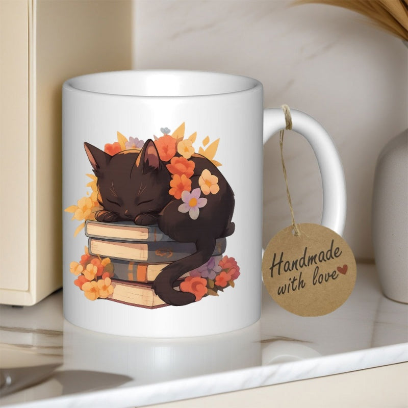 Tailorly White Ceramic 11 oz Mug - Handmade With Love Peaceful Feline Resting Upon Stack Of Vintage Books Among Blossoming Flowers Cat