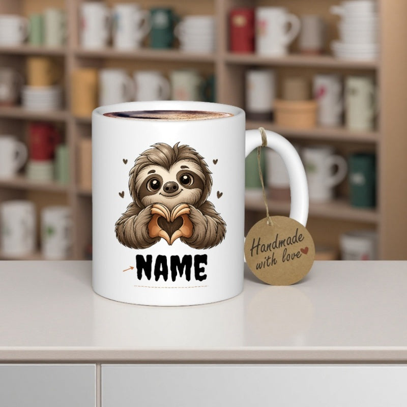 Tailorly White Ceramic 11 oz Mug - Name Handmade With Love Adorable Cartoon Creature Making Heart Gesture Surrounded By Love Hearts Sloth