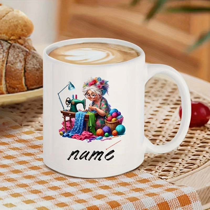 Tailorly White Ceramic 11 oz Mug - Name Peaceful Elder Sewing Colorful Fabric Among Bright Yarn Balls Seamstress
