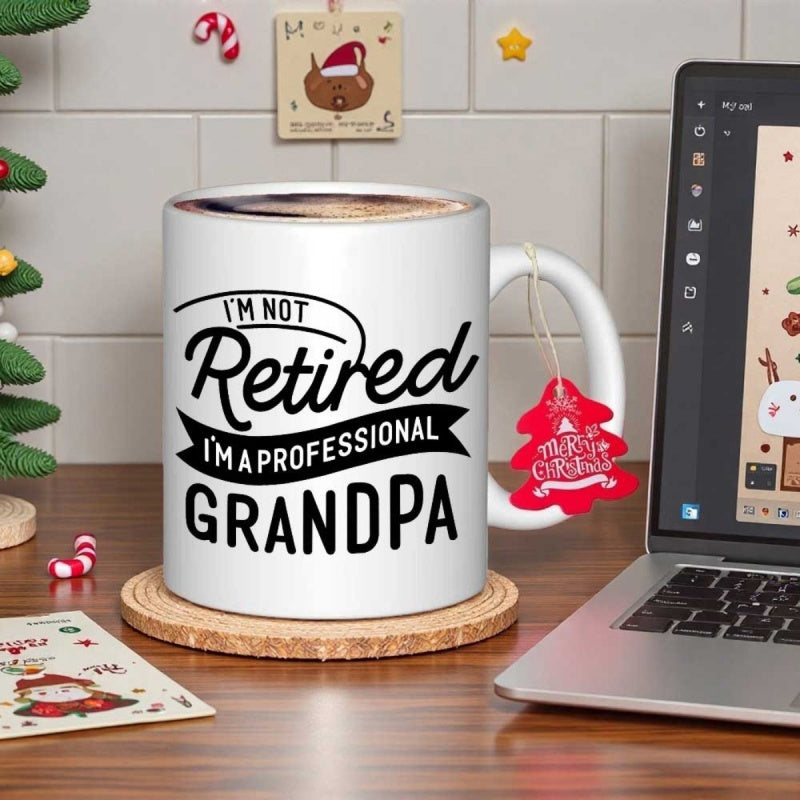 Tailorly White Ceramic 11 oz Mug - Im Not Retired Im A Professional Grandpa Bold Stylized Typography With Decorative Swoosh And Classic Ribbon Layout Mug