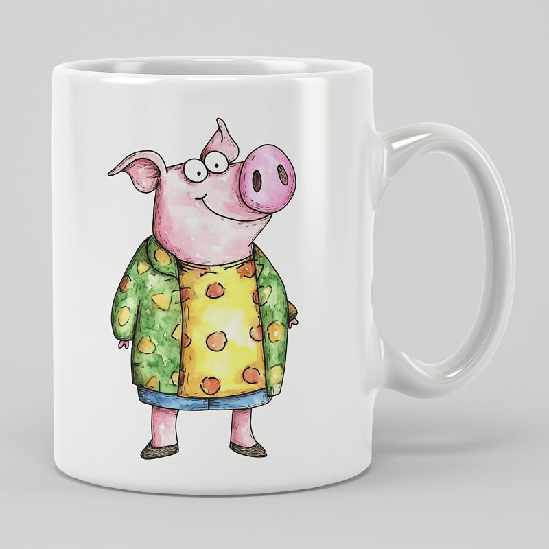 Tailorly White Ceramic 11 oz Mug - Cute Watercolor Cartoon Pig Wearing Stylish Green Jacket And Clothes Pig