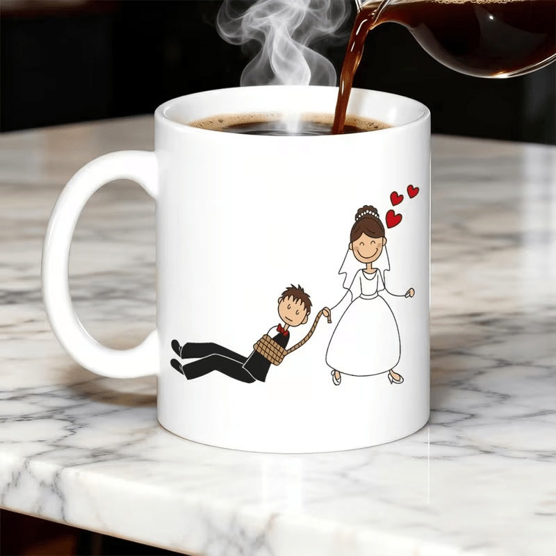 Tailorly White Ceramic 11 oz Mug - Playful Wedding Cartoon With A Bride Dragging Her Tied Groom Illustration