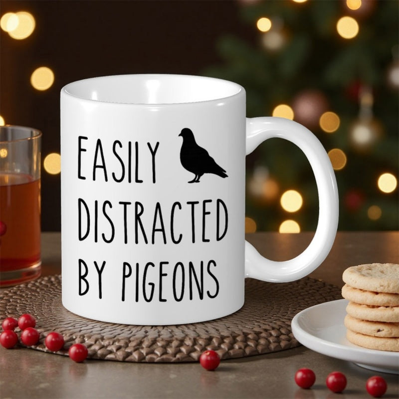 Tailorly White Ceramic 11 oz Mug - Easily Distracted By Pigeons Minimalist Black Bird Silhouette Standing In Calm Posture Pigeon