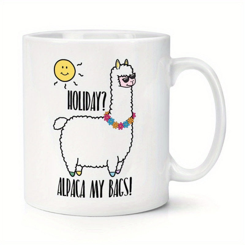 Tailorly White Ceramic 11 oz Mug - Holiday Alpaca My Bags Cute White Cartoon Animal Wearing Sunglasses And Flower Garland Under Smiling Sun Alpaca