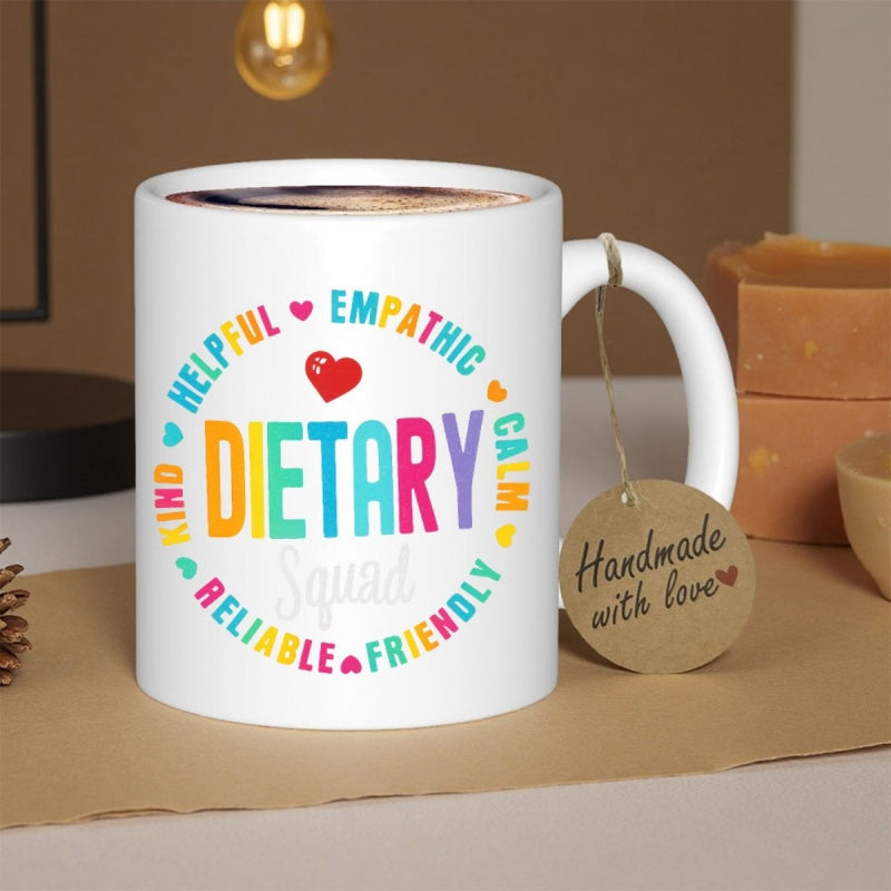 Tailorly White Ceramic 11 oz Mug - Dietary Squad Colorful Words Arranged In A Circle Surrounded By Dainty Red Heart