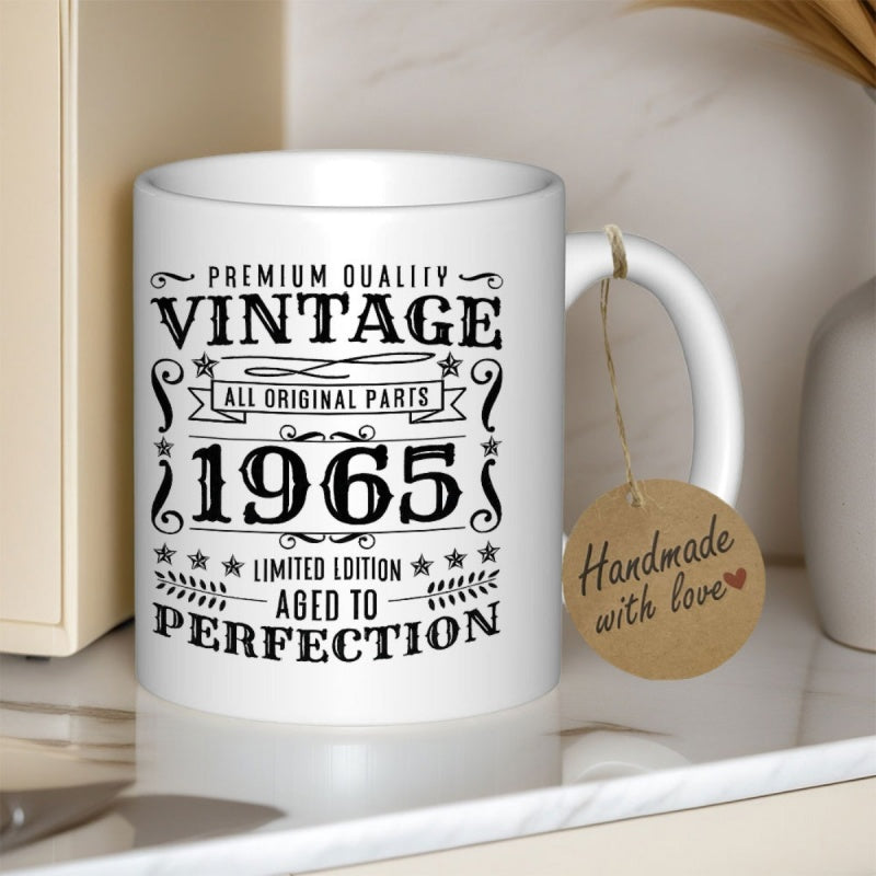 Tailorly White Ceramic 11 oz Mug - Premium Quality Vintage All Original Parts 1965 Limited Edition Aged To Perfection Elegant Retro Label Style Featuring