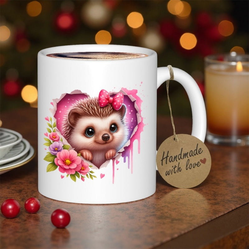 Tailorly White Ceramic 11 oz Mug - Handmade With Love Adorable Pink Bow Hedgehog Peeking Through Heart Frame With Colorful Flowers Hedgehog