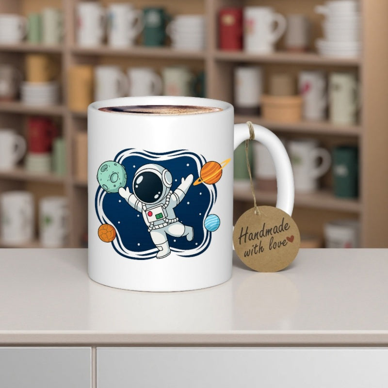 Tailorly White Ceramic 11 oz Mug - Handmade With Love Cute Cartoon Space Explorer Floating Among Colorful Planets Deep Space Astronaut