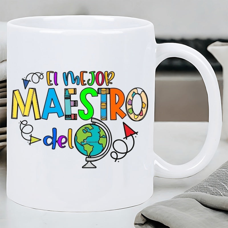 Tailorly White Ceramic 11 oz Mug - Colorful Educational Icons Including Painter Palette And Pencil Symbols With A Stylized Globe
