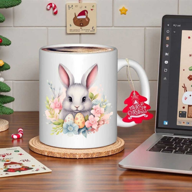 Tailorly White Ceramic 11 oz Mug - Adorable White Bunny Surrounded By Pastel Spring Flowers And Painted Eggs Rabbit
