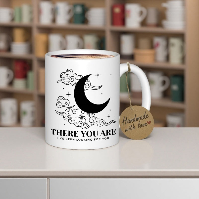 Tailorly White Ceramic 11 oz Mug - There You Are I've Been Looking For You Celestial Silhouette Floating Amidst Soft Line Art Clouds And Stars Moon