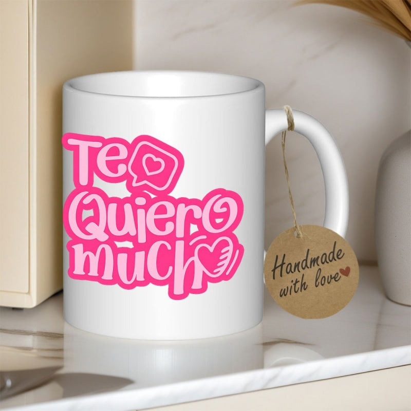 Tailorly White Ceramic 11 oz Mug - Vibrant Pink Stylized Bubble Lettering Decorated With Small Minimalist Hearts Mug