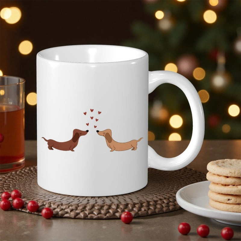 Tailorly White Ceramic 11 oz Mug - Two Loving Cartoon Dogs Sharing Small Hearts Floating Over Their Noses Dachshund