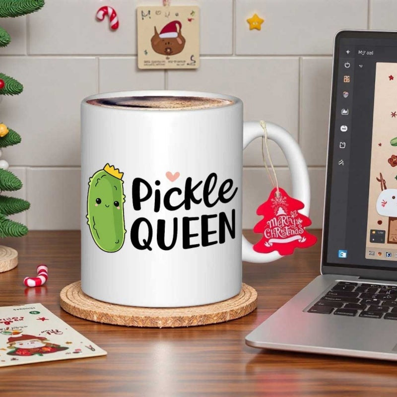 Tailorly White Ceramic 11 oz Mug - Pickle Queen Adorable Green Cartoon Character Wearing Tiny Yellow Crown Smiling Heart Pickle