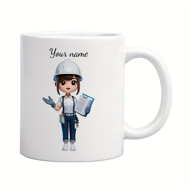 Tailorly White Ceramic 11 oz Mug - Your Name Adorable Cartoon 3D Style Female Professional Holding Clipboard Wearing Hard Hat Worker