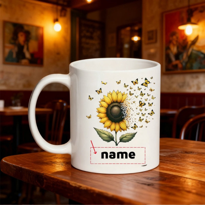 Tailorly White Ceramic 11 oz Mug - Name Vibrant Yellow Petals Dissolving Into Delicate Flying Butterflies Among Leaves Sunflower