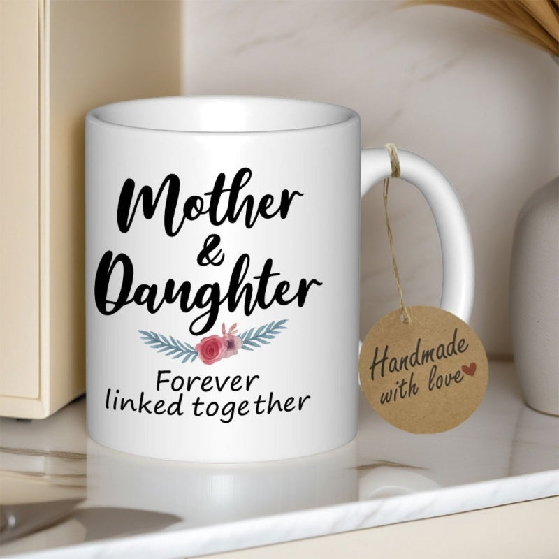 Tailorly White Ceramic 11 oz Mug - Mother Daughter Forever Linked Together Delicate Floral Branch With Blue Leaves And Pink Petals Mug