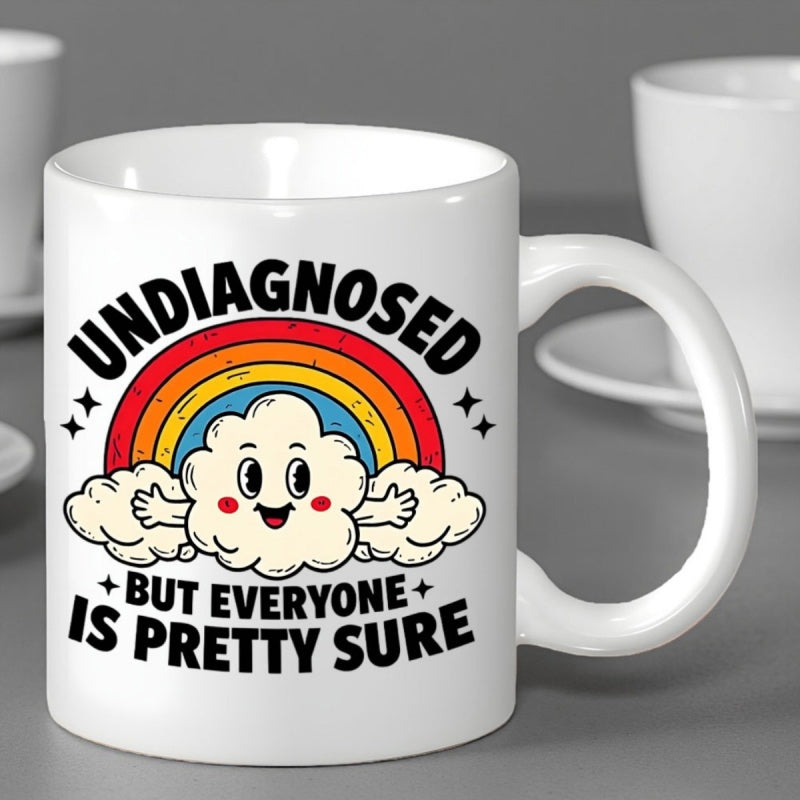 Tailorly White Ceramic 11 oz Mug - Undiagnosed But Everyone Is Pretty Sure Vibrant Rainbow Spanning Over A Grinning Cheerful White Puffy Cloud