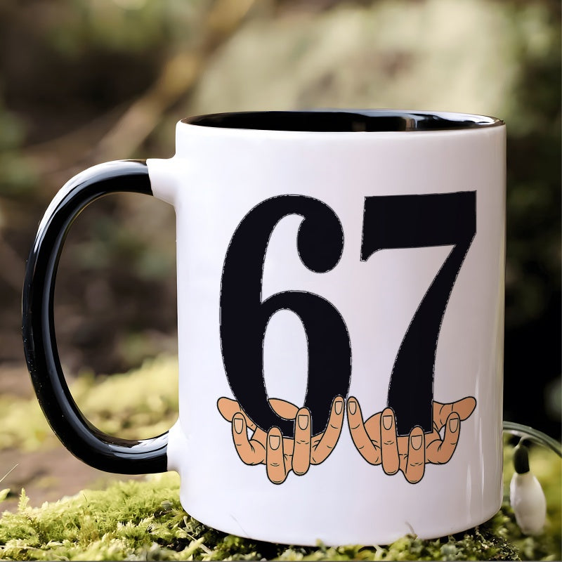 Tailorly Black Accent 11 oz Mug - number 67 with a graphic of hands holding a cup
