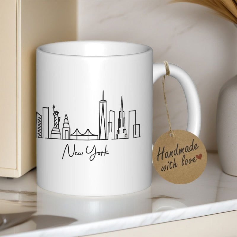 Tailorly White Ceramic 11 oz Mug - New York Iconic City Landmarks Rendered In Simple Black Minimalist Line Art Style Skyline