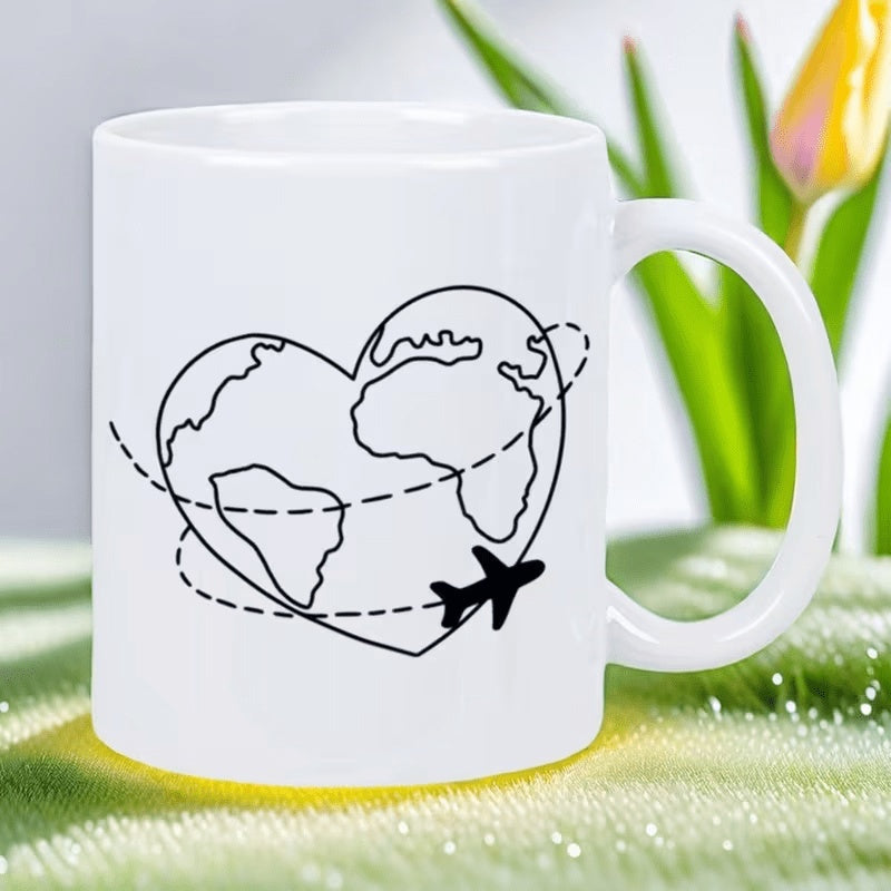 Tailorly White Ceramic 11 oz Mug - Minimalist Black Line Drawing Featuring An Airplane Flying Around Heart Shaped Map