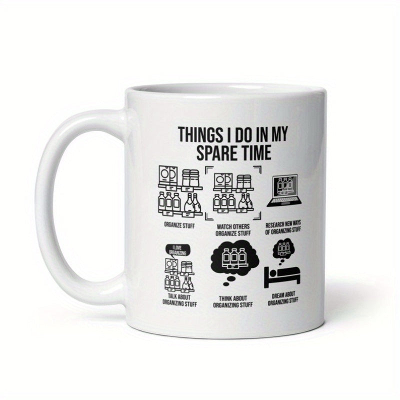 Tailorly White Ceramic 11 oz Mug - Things I Do In My Spare Time Minimalist Black Icons Illustrating Daily Organizing Routine On Smooth Surface Mug